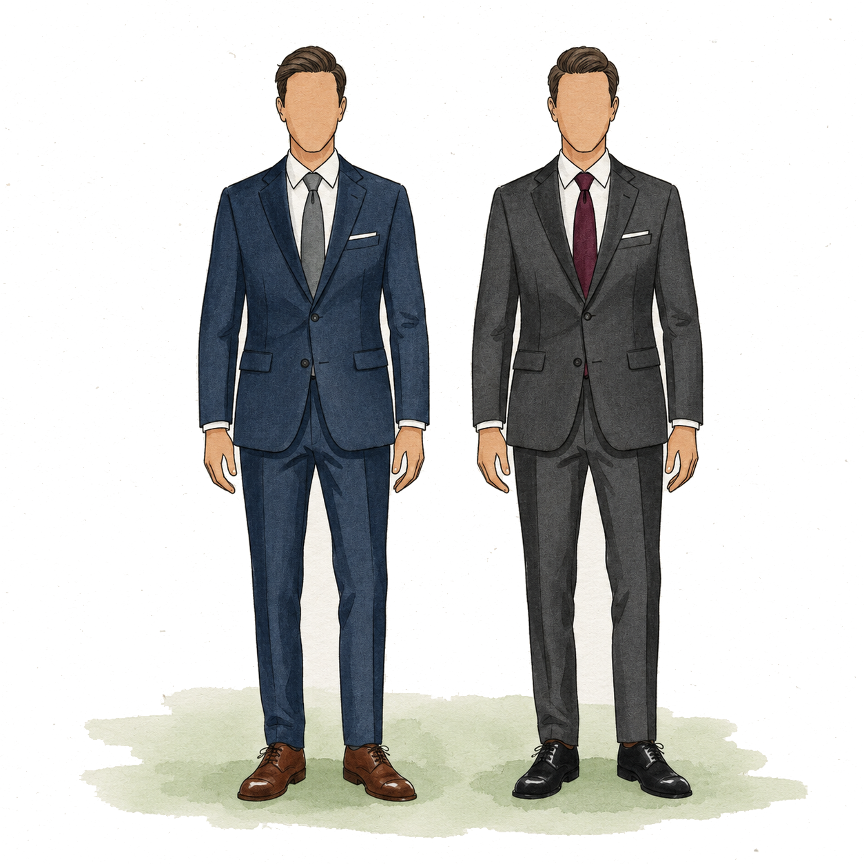 Ilustração em aquarela de dois ternos masculinos: azul-marinho com gravata cinza e cinza-escuro com gravata bordô