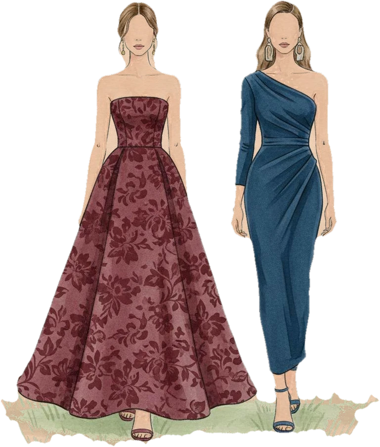 Ilustração em aquarela de dois trajes femininos: vestido longo bordô floral e vestido azul-petróleo de um ombro só