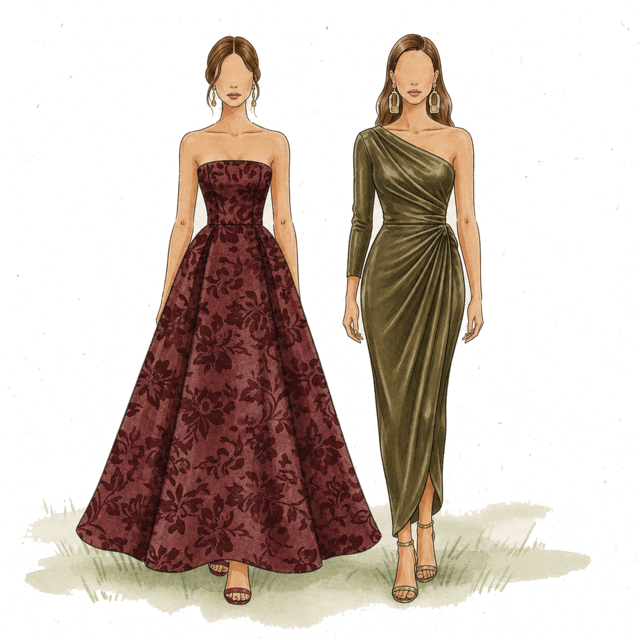 Ilustração em aquarela de dois trajes femininos: vestido longo bordô floral e vestido azul-petróleo de um ombro só